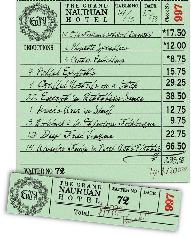 Restaurant bill from The Grand Nauruan Hotel.